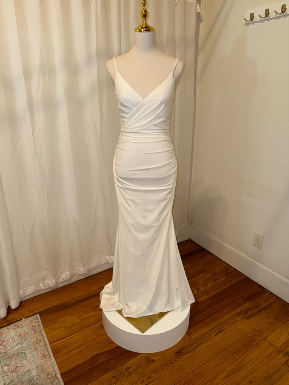 La Femme White Ruched Bodice Spaghetti-Strap Maxi Gown
